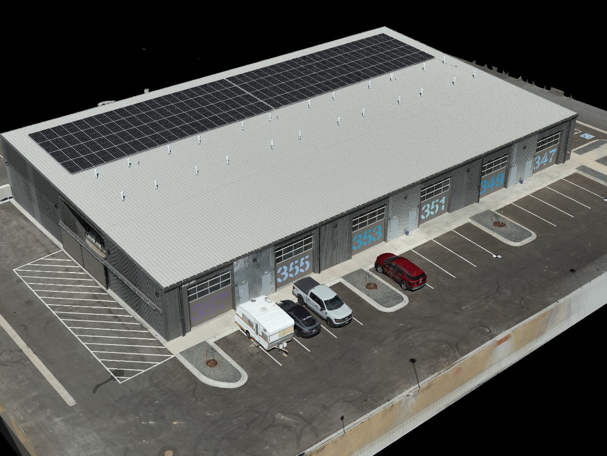 Vanguard 3D model of a commercial facility with rooftop solar array and numbered units