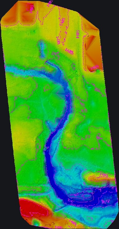 Vanguard elevation model with contour lines of the same Kings Crossing reach