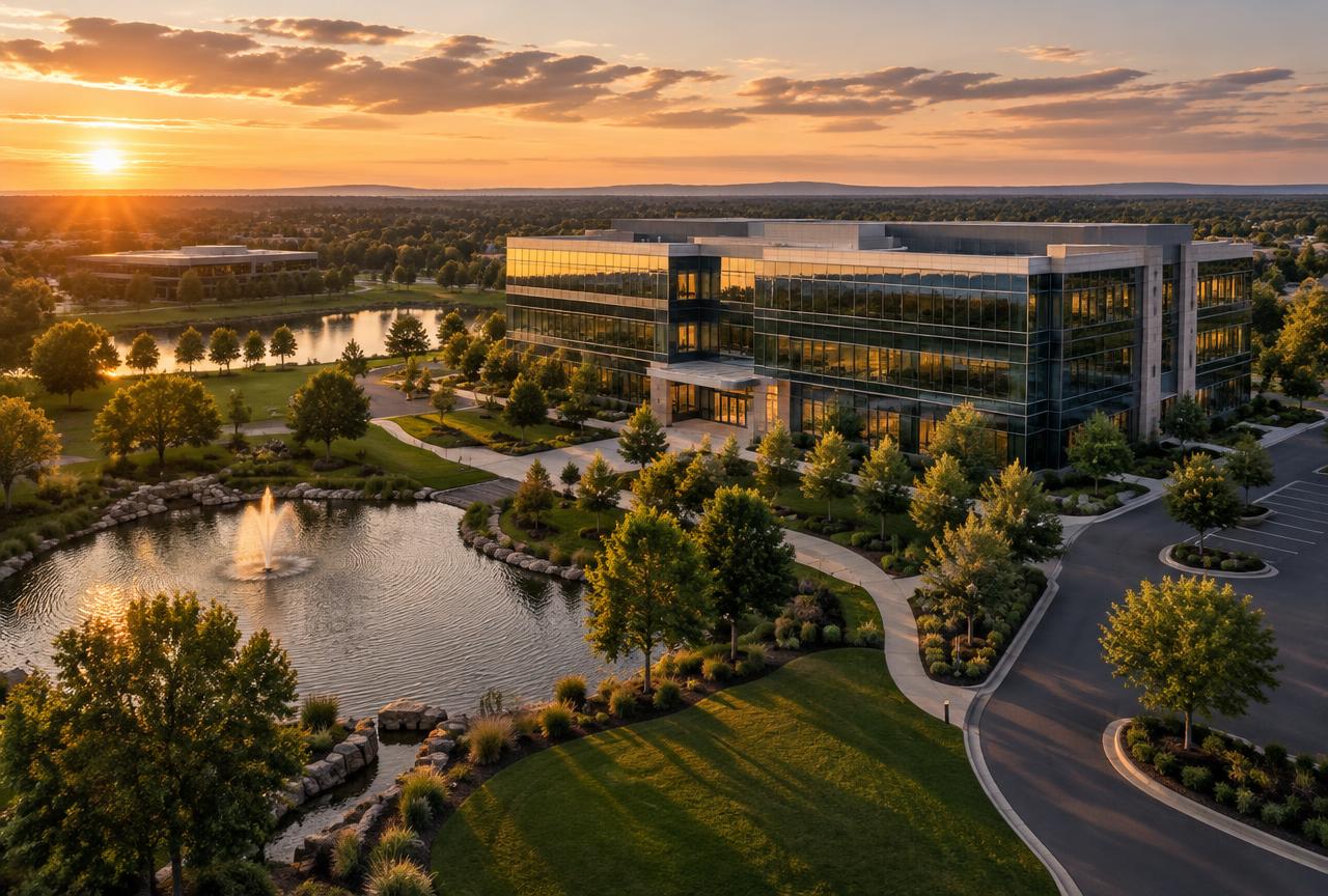 Cinematic aerial view of a modern commercial property with landscaped grounds, entrance drive and water feature at golden hour