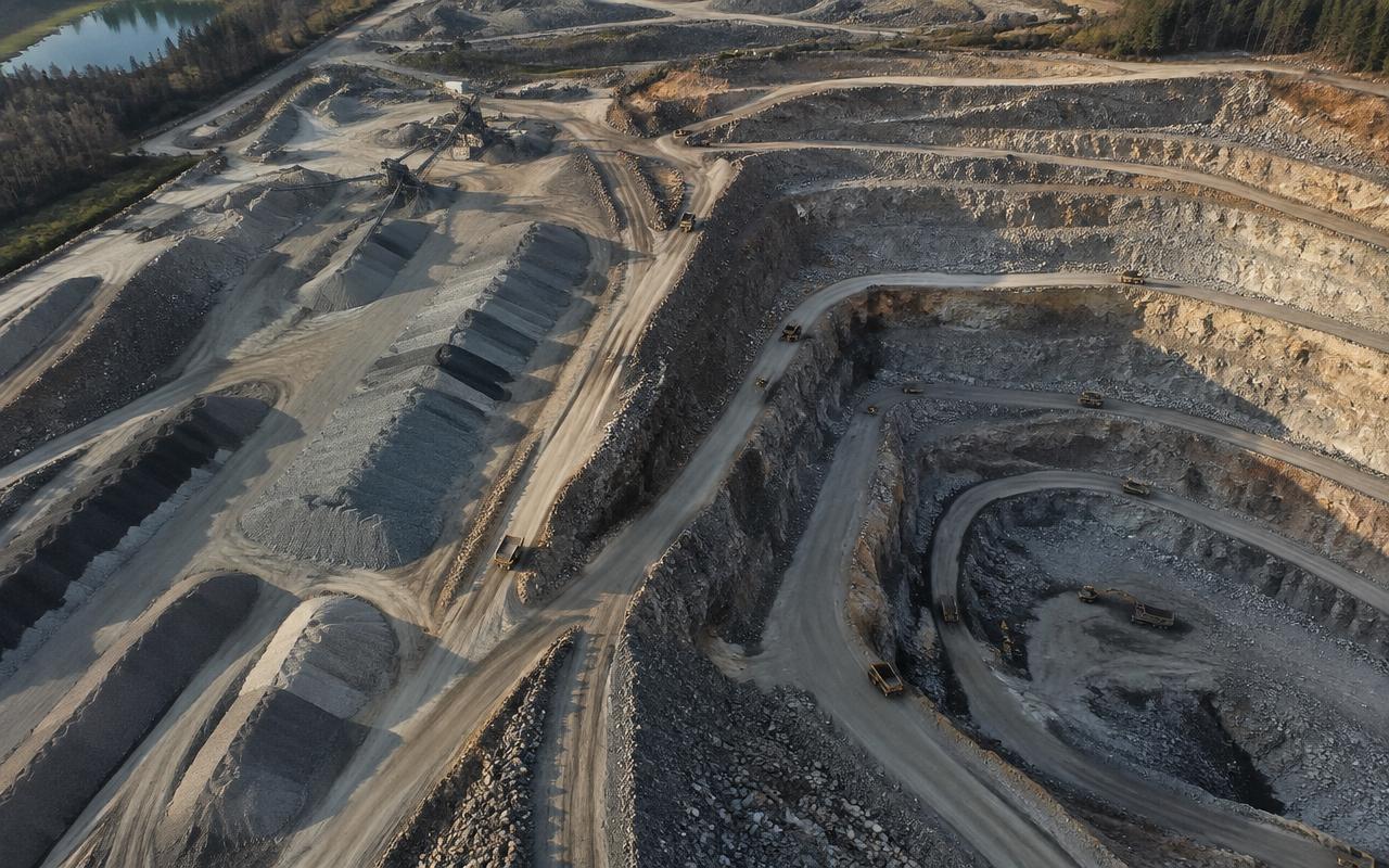 Aerial view of an active surface mine with graded material stockpiles, haul roads, and trucks moving material